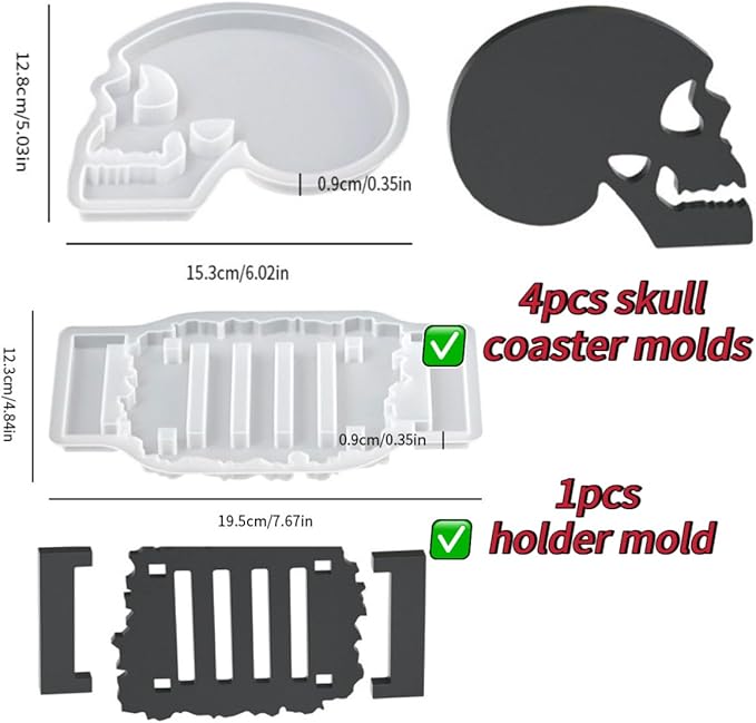 5 Pcs Skull Coaster Epoxy Resin Molds Silicone with Holder, Halloween Skull Coasters Molds Holder Set for Epoxy Resin, DIY Art Craft Cup Mats