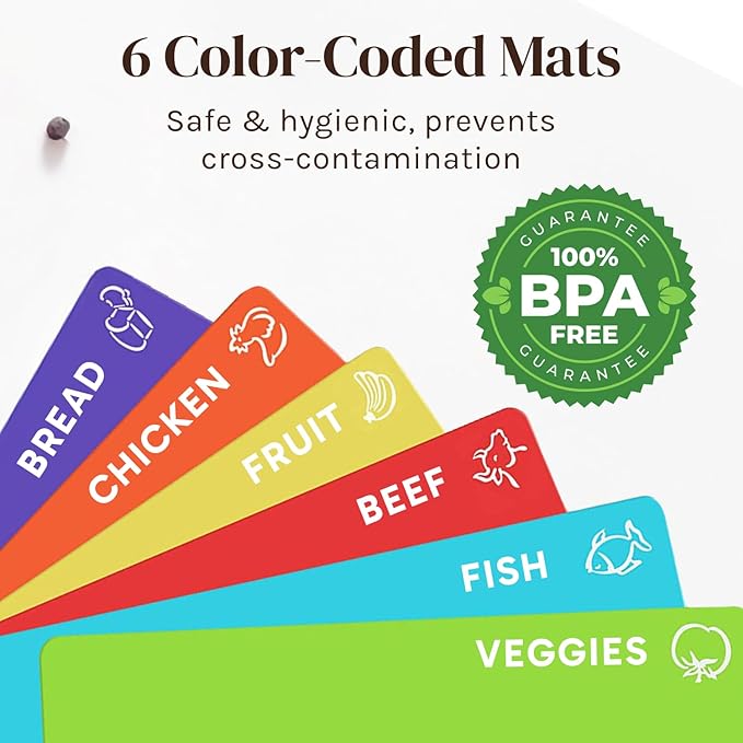 Personalized Easy-to-Clean Bamboo Wood Cutting Board with set of 6 Color-Coded Flexible Cutting Mats with Food Icons - Chopping Board Set