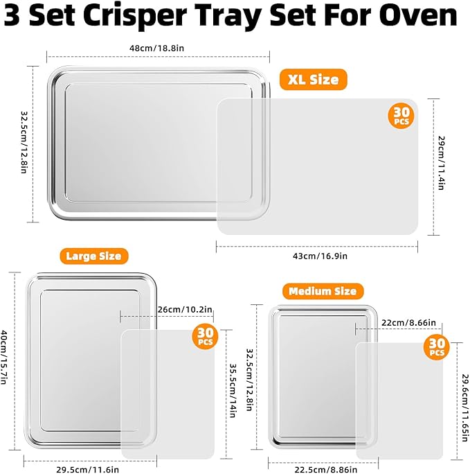 3 Set Air Fryer Basket, Air Fryer Pans and Tray for Oven with 90 PCS Parchment Papers, DEGOVIN Non-stick Stainless Steel Oven Air Fryer Basket and Tray-18.8" x 12.8" &15.7" x 11.6" & 12.8" x 8.9"