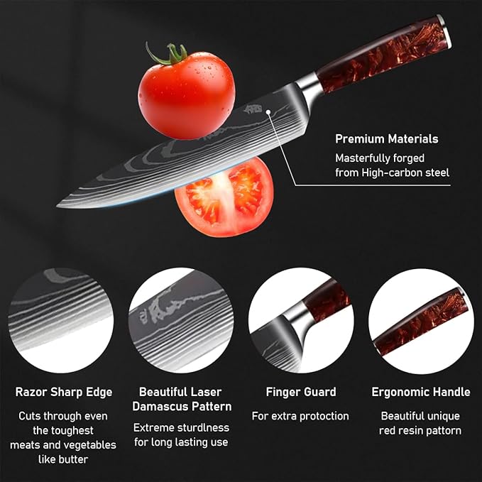 8-Piece Premium Japanese Kitchen Knife Set - Imperial Collection, Laser Damascus Pattern, 440A Stainless Steel Ultra Sharp for Fast Cutting (Red 8J)