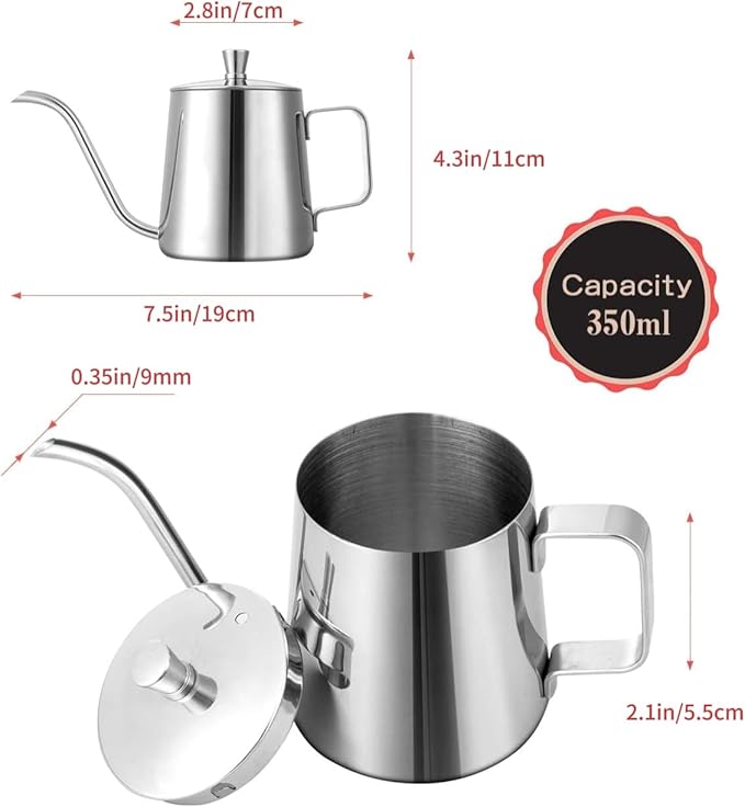 GWHOLE Small Pour Over Gooseneck Coffee Kettle Long Narrow Drip Spout Coffee Tea Pot for Stove Top - Silver, 350ML/12 Oz