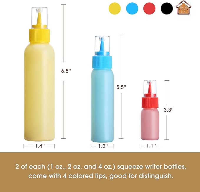 GOLOHO Cookie Icing Bottles, 6 Squeeze Applicator Bottles, 2 each (1, 2 and 4 ounces), Royal Icing Tools, Cake Sugar Cookie Decorating Supplies, Food Coloring, Frosting, Pancake Arts and Crafts Kit