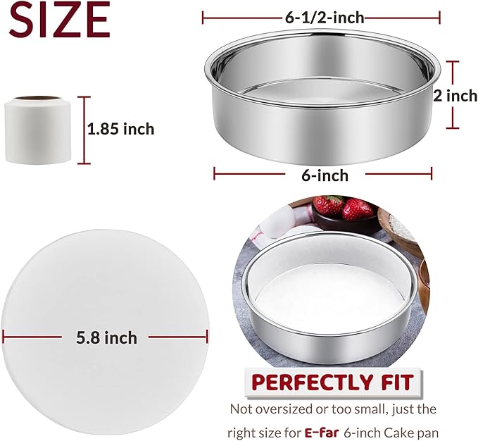 6 Inch Cake Pan Set of 3, E-Far Stainless Steel Round Layer Smash Cake Baking Pans with Parchment Rounds & Side Liner Roll, Non-Toxic & Healthy Metal Cakes Tin, Straight Side & Dishwasher Safe