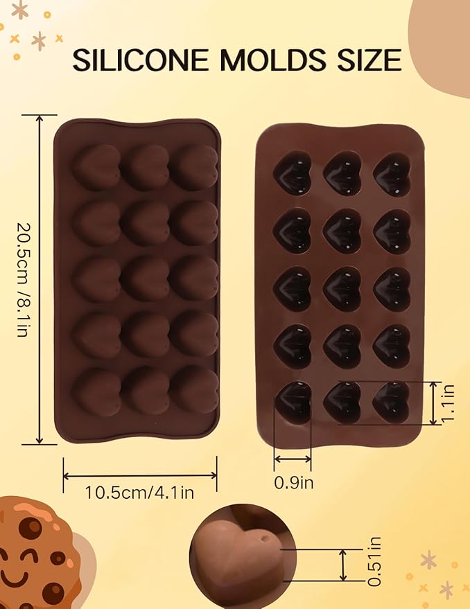 Silicone Chocolate Mold, Heart Shaped Cavities for Easy Release Treats 15 Cavity Candy Bar Gummy Molds for Valentine Baking, Pistachio, Candy, Snacks