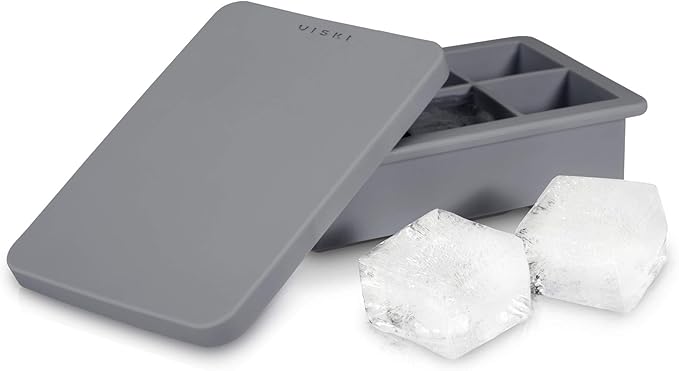 Viski Whiskey Ice Cube Tray with Lid, Large Makes Six 2-Inch Ice Molds, Perfect for Cocktails, Whiskey, Bourbon, and More, Stackable Silicone Molds for Home Bar and Parties, Set of 1, Grey