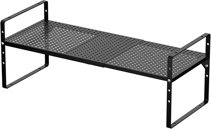 iPEGTOP 2 Pack Large Expandable Cabinet Storage Shelf, Heavy Duty Stackable Steel Metal Spice Rack Adjustable Height Home Office Pantry Garage Shelves for Counter Kitchen Organization, Black