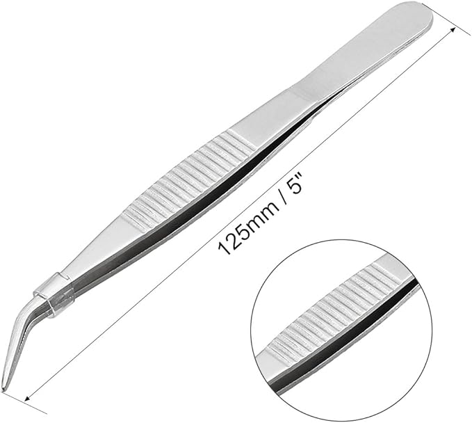 uxcell 5-Inch Stainless Steel Tweezers with Curved Pointed Serrated Tip