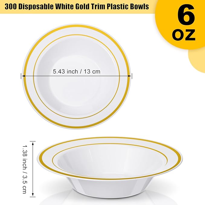 Jinei 300 Pieces Plastic Bowls with Gold Rim 6 oz Disposable Small Salad Plastic Candy Bowls for Dessert Salad Soup Wedding Catering Holidays Party Supplies