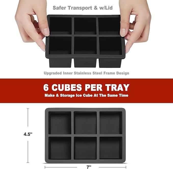 Nax Caki Ice Cube Trays 3 Pack - Large Size Silicone Ice Cube Molds(Black) for Whiskey Ice Cube Maker for Cocktail Old Fashioned Ice Cube Tray