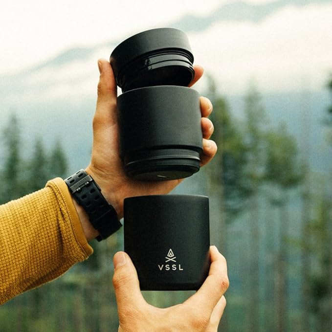 VSSL - Nest Pour Over Coffee Set | Coffee Maker for Camping | All-In-One Travel Pour Over | Transportable Dripper, 10oz Stainless Steel Travel Mug | Compact Storage & Adventure Ready | Black