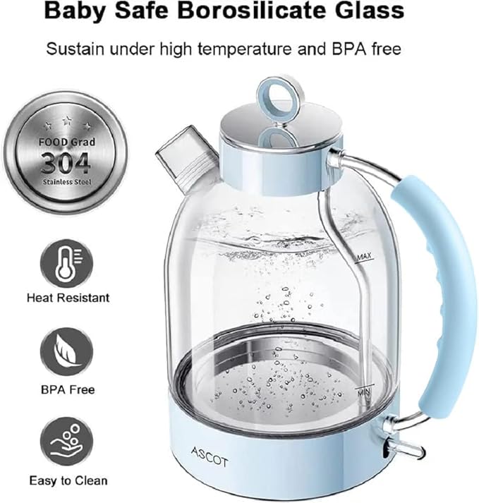 ASCOT Electric Kettle, Glass Electric Tea Kettle Gifts for Men/Women/Family 1.6L 1500W Borosilicate Glass Tea Heater, with Auto Shut-Off and Boil-Dry Protection (Blue)