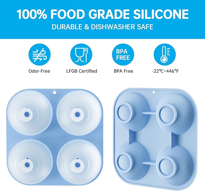 HONYAO Whiskey Ice Ball Mold, 4 x 2.4 Inch Large Ice Ball Maker Mold, Food Grade Silicone Round Ice Cube Mold - BPA Free, Easy to Fill & Release Sphere Ice Cube Tray for Cocktails Bourbon Rum - Blue