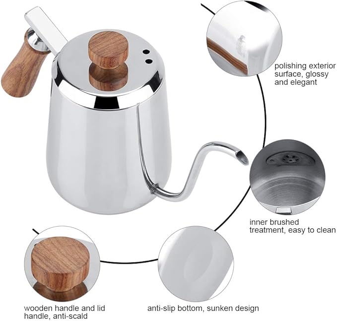 Joyzan Gooseneck Kettle, Stovetop Tea Maker Wood Anti Hot Handle Pour Over Stainless Steel Water Pot Coffee Teapot Drip Long Spout Home Kitchen Gas Stove Tops French Press Brewing Camping 350ml