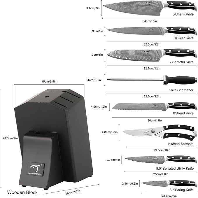 Damascus Kitchen Knife Set with Block – Razor Sharp 67-Layer VG10 Steel, Triple Rivet Handles, Chef, Santoku, Utility, Bread & Paring Knives, Sharpener, Shears, Black, 9PCS