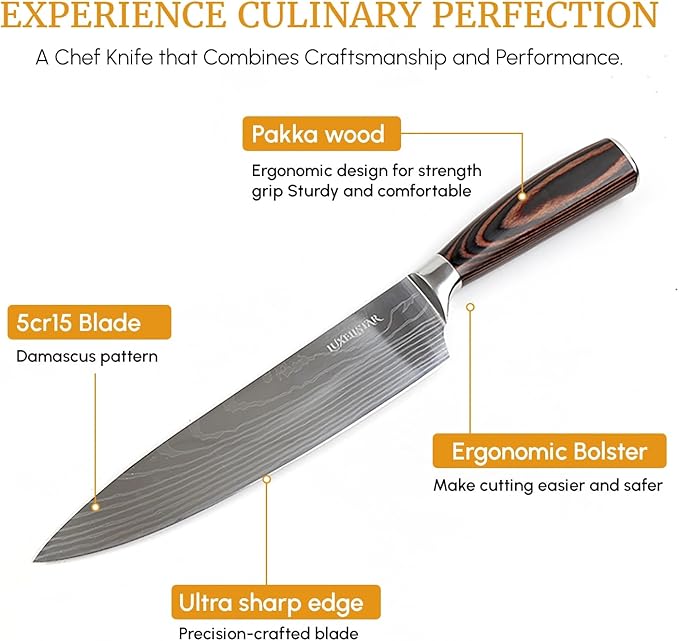 Chef Knife 8 Inch High Carbon Japanese Steel Ultra Sharp with Ergonomic Pakka Wood Stylish Handle, Durable 5CR15 Grade Blade Razor Edge, Gift Box for Family and Friends