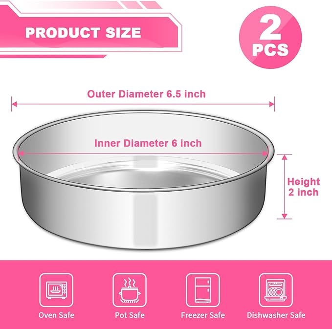 6 Inch Cake Pan Set of 2, Stainless Steel Round Layer Cake Baking Pans Tins, Non-Toxic & Healthy, Leak-proof & Easy Clean & Dishwasher Safe