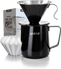 AGOGO Compact Portable Pour Over Coffee Maker Set - Easy Cleaning 304 Stainless Steel Dripper Set for Camping & 50 Filters Paper & Cleaning Rag (Black, 600ml)