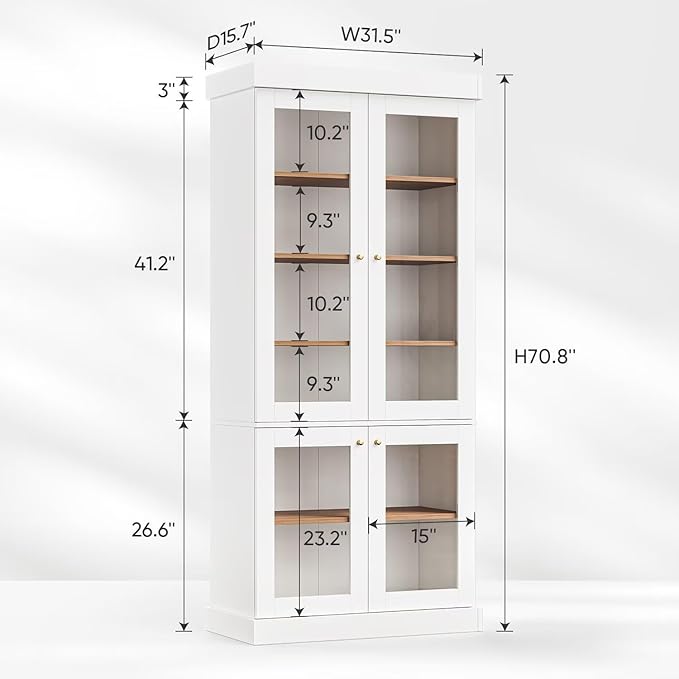70.8" Tall Farmhouse Kitchen Pantry Cabinet with Glass Doors, Modular Storage Cabinet with 6-Tier Adjustable Shelves, White, Wooden Hutch for Kitchen, Living Room, Set of 4