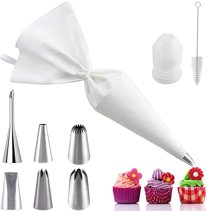 Reusable Cotton Piping Bags and Tips Set- GleeAnt Frosting Piping Kit for Baking 6pcs Large Stainless Icing Tips for Cake Decorating- Icing Bag,Coupler I Professional Cupcake Kit (9)