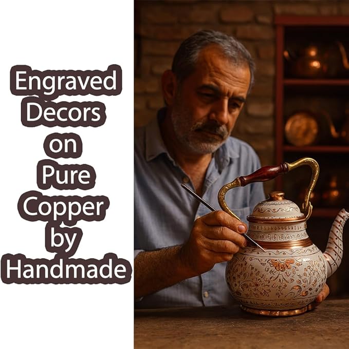 Vintage Copper Turkish TeaPot Tea Kettle Pot for Stovetop Stove Top Infuser Decorative Fancy Arabic Moroccan Party Serving Kitchen Antique Handmade White Floral Unique Style Gooseneck Gift