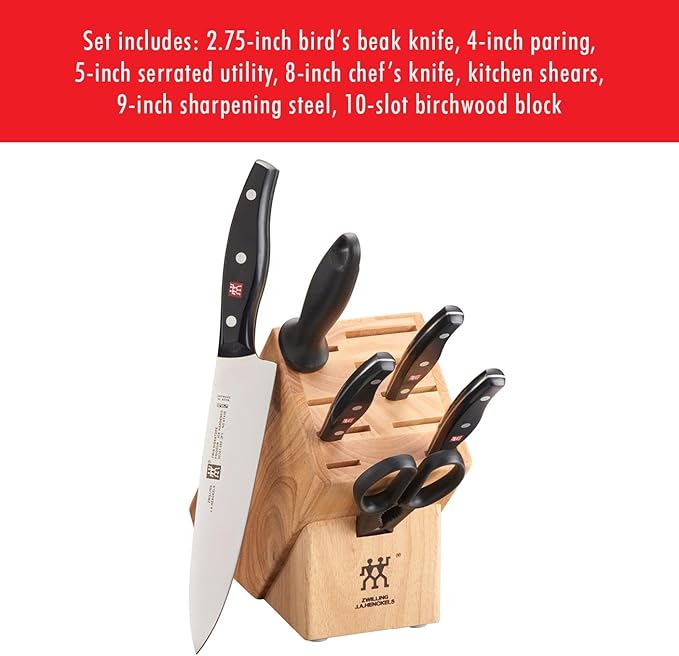 ZWILLING Twin Signature 7-pc Kitchen Knife Set with Block, Chef Knife, Paring Knife, Utility Knife, Knife Sharpener, Kitchen Shears