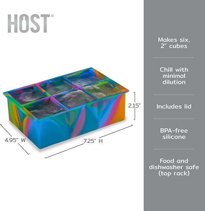 Host Ice Cube Tray with Lid, Makes 6 Large 2" Cubes, Durable Silicone Trays, Perfect for Cocktails, Beverages, Mocktails, Iced Coffee, Tea, Infused Water, Kitchen Essentials, Set of 1, Colored Marble