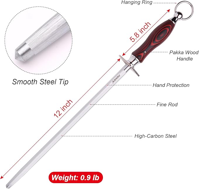 Azhou 12 Inch Fine Honing Rod, HRC 63±2 High Carbon Steel Knife Sharpener Rod with Wooden Handle, Professional Kitchen Knife Sharpener Kitchen Tools