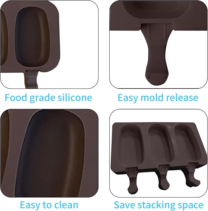 Popsicle Molds Set of 2, Ice Pop Molds Silicone, 3 Cavities Ice Cream Oval Cake Pop Mold with 100 Wooden Sticks for DIY Popsicle, Cake (Brown)
