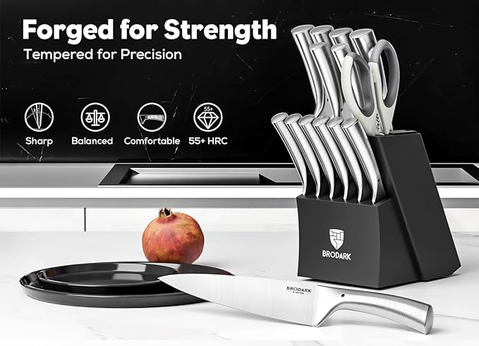 BRODARK Knife Block Set: Kitchen Knives Set with Block and Sharpener, 15 Pcs Ultra Sharp Chef knife, High Carbon Stainless Steel, Ergonomic Handle Non-Slip Grip, Silver Wolf Series for Christmas Gift