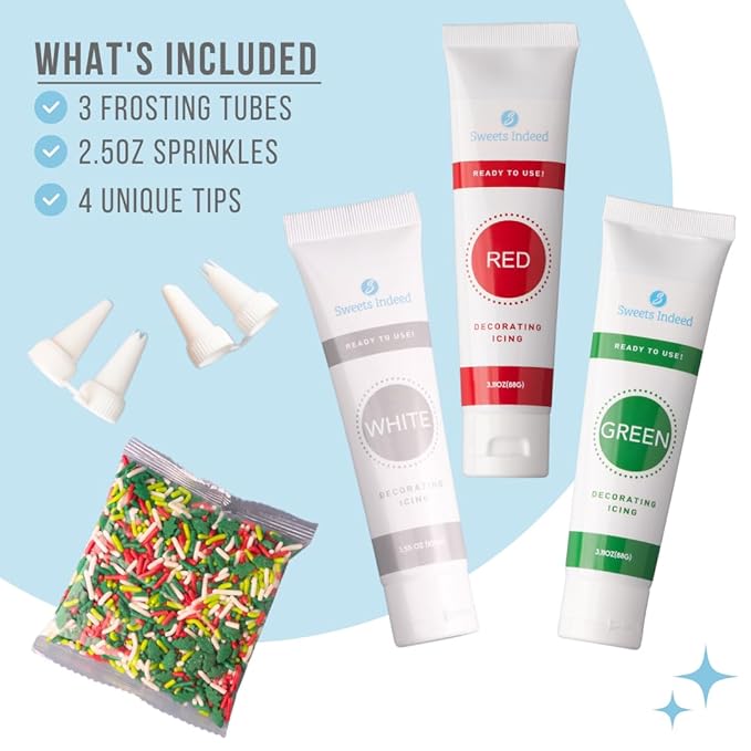 Sweets Indeed Christmas Cookie Decorating Kit – 11.31 oz | 3 Frosting Tubes (Red, Green & White) + 4 Decorating Tips + 2.5 oz Holiday Sprinkles for Christmas Cookies, Cupcakes & Cakes