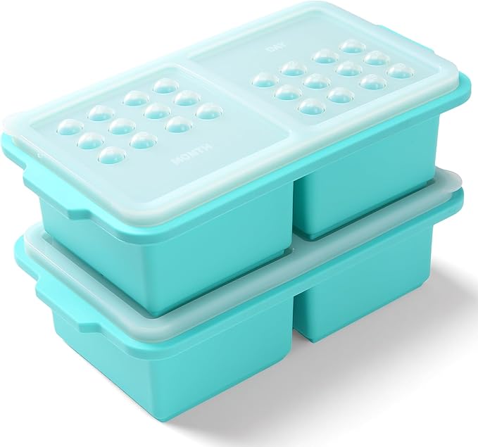 2 Cup Silicone Freezer Tray Ice Cubes with Lids and Date Mark for Storing Lasagna Leftovers Sauces Portioned Meals and More, Silicone Soup Freezer Molds for Meal Prepping 2 Pack Aqua