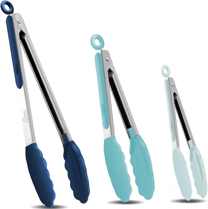 HOTEC Premium Stainless Steel Locking Kitchen Tongs with Silicon Tips, Set of 3-7", 9" and 12" (Gradient Blue)
