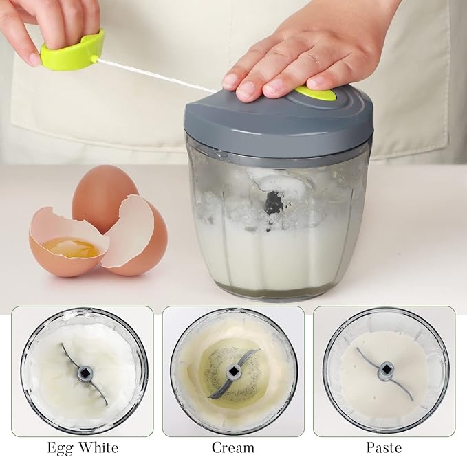 Ourokhome Manual Food Processor Vegetable Chopper, Portable Hand Pull String Garlic Mincer Onion Cutter for Veggies, Ginger, Fruits, Nuts, Herbs, etc., 900ml, Grey