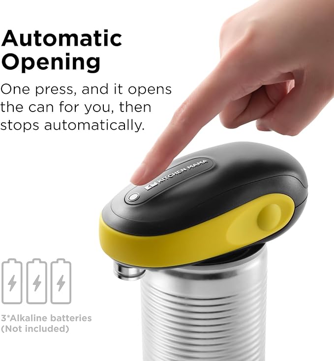 Kitchen Mama One-To-Go Electric Can Opener: One Touch, Auto Stop, Smooth Edge, Lid Lift, Safety, Automatic, Magnetic, Cordless, Battery Operated, Kitchen Appliance for Senior with Arthritis (Yellow)
