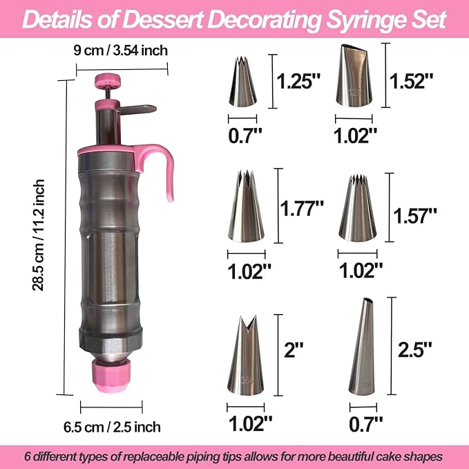 Dessert Decorating Piping Syringe Set Cake Decorating Tool Cookie Gun Press,Icing Decoration Gun,Frosting Piping Kit 6 Piping Icing Nozzles for Baking,Decorating Cupcake,Deviled Eggs (Silver & Pink)