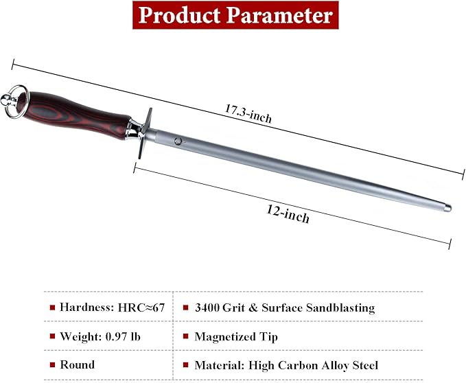 Efficient Honing Steel 12 Inches Round Knife Sharpener Steel Sharpening Rod for Kitchen Knives Carbon Steel Honing Rod