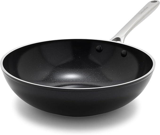 Orfeo 11” Nonstick Wok Pan, Made in Italy, Diamond Ceramic PFAS-Free Cookware, Induction Ready, Scratch Resistant, Laser-Fused Surface for Durability, Dishwasher Safe, Black