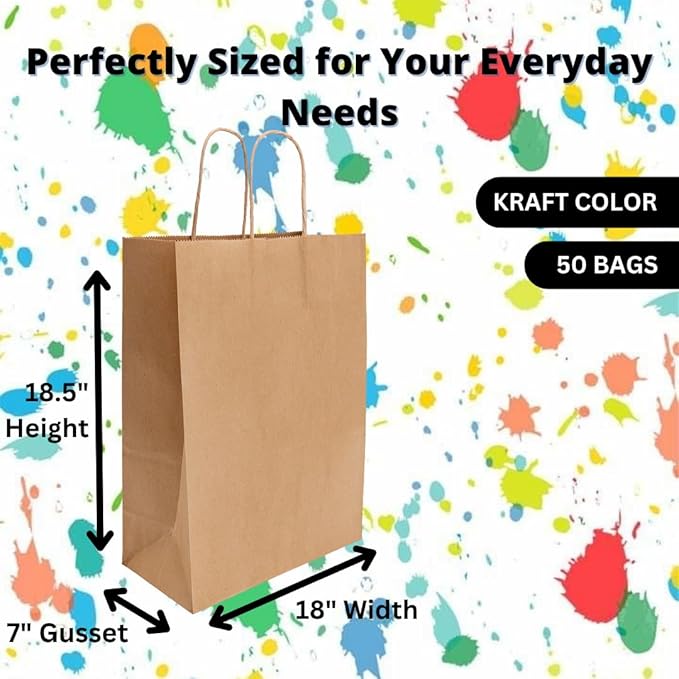 ASSUREPAK DIY Paper Bags - 50 Bags - Kraft Color - 18"x7"x18.5" - 74 LB (110 GSM strong) - Twisted Handle Recyclable Bags for Kids Drawing, Decorating and Creative Projects