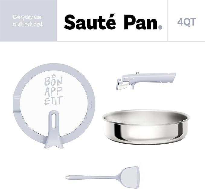 CAROTE 10 Inch Tri-Ply Stainless Steel Saute Pan, 4QT Nonstick Frying Pan with Detachable Handle, Non Toxic Stainless Steel Cooking Pan, Induction Kitchen Cookware with Lid, Oven Safe to 600°F