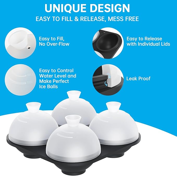 HONYAO Silicone Whiskey Ice Ball Mold - 2.4 Inch Large Ice Cube Trays Molds Silicone with Lids - Ice Sphere Maker for Cocktails, Bourbon, Rum - 4 Iceballs