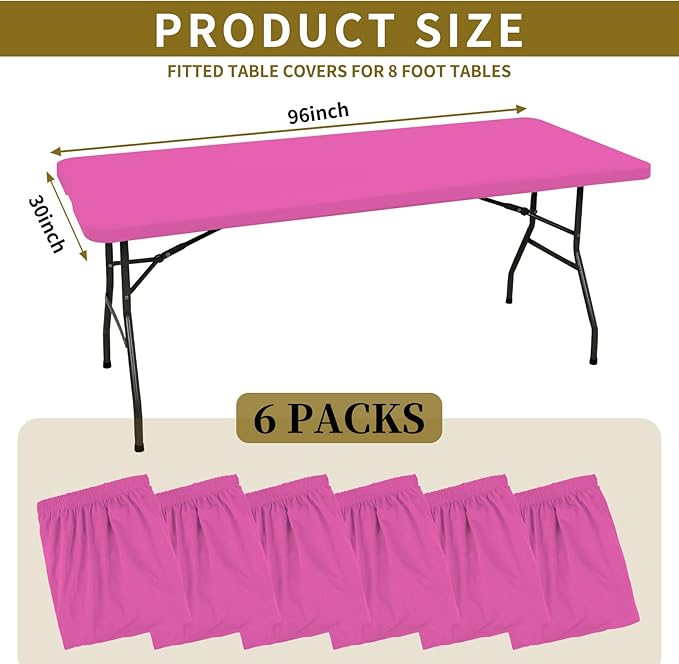 6 Pack Fitted Tablecloth for 8 Foot Rectangle Tables, Hot Pink Elastic Outdoor Picnic Table Cover, Washable Stretch Folding Table Cloths 8 ft for Camping Party Patio Kitchen Banquet, 30" W x 96" L