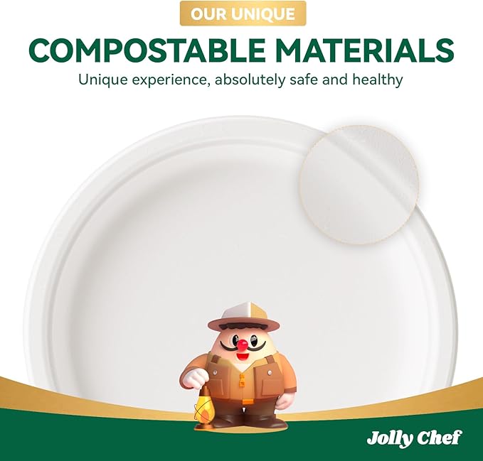 JOLLY CHEF Compostable Heavy Duty Plates 𝟭𝟬 𝗜𝗻𝗰𝗵 [𝟭𝟮𝟱 𝗣𝗮𝗰𝗸] Eco-Friendly Disposable White Paper Plates Made of Bagasse Biodegradable for Party Dinner Sugarcane Fibers Thanksgiving Day