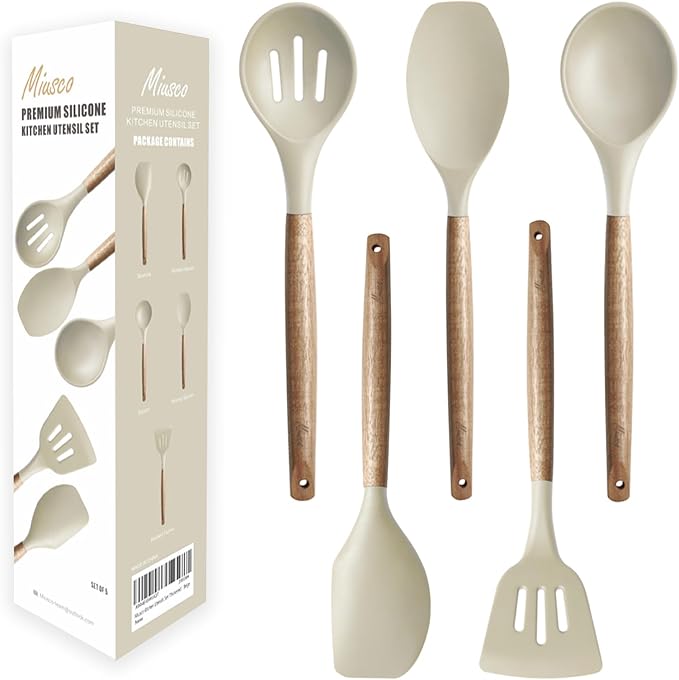 Kitchen Utensils Set, Silicone Cooking Utensils Set,Non-Stick Silicone Spatula Set with Natural Acacia Hard Wood Handle, 5 Piece, Upgraded Thickened Cookware