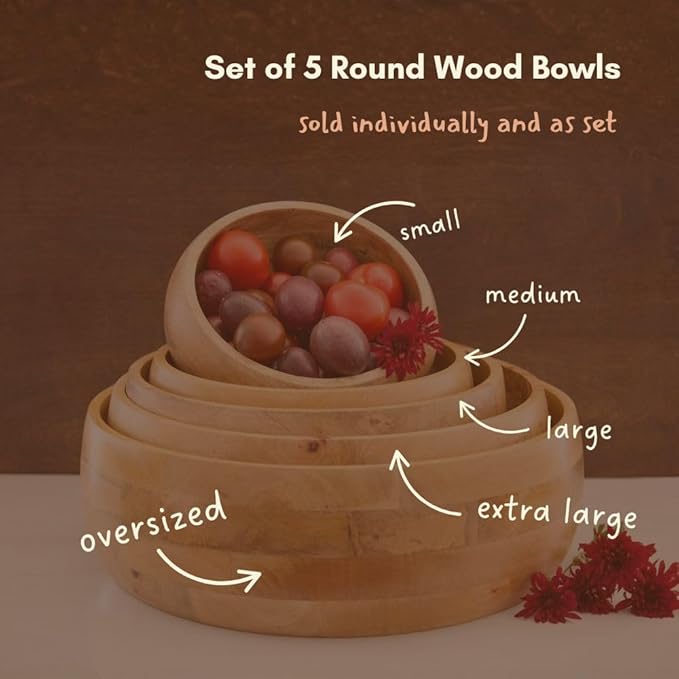 Salad Bowl Set of 5, Big Serving Dish for Pasta, Cut Fruit, Party, Catering, Wedding, Restaurant, Kitchen Countertop Fruit Bowl, Farmhouse Style, Mango Wood, 5pcs