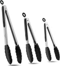600ºF Heat Resistant Kitchen Tongs, Premium Locking Cooking Tongs with Silicone Tips, Non-Slip Food Tongs for Cooking, Non-Stick, Heavy Duty Stainless Steel Handle, Set of 3-7" 9" and 12" Black