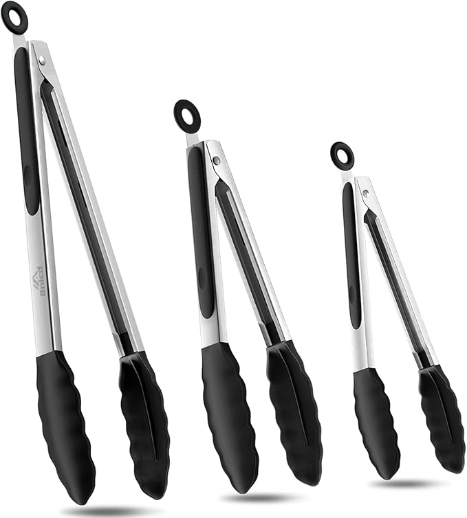 600ºF Heat Resistant Kitchen Tongs, Premium Locking Cooking Tongs with Silicone Tips, Non-Slip Food Tongs for Cooking, Non-Stick, Heavy Duty Stainless Steel Handle, Set of 3-7" 9" and 12" Black