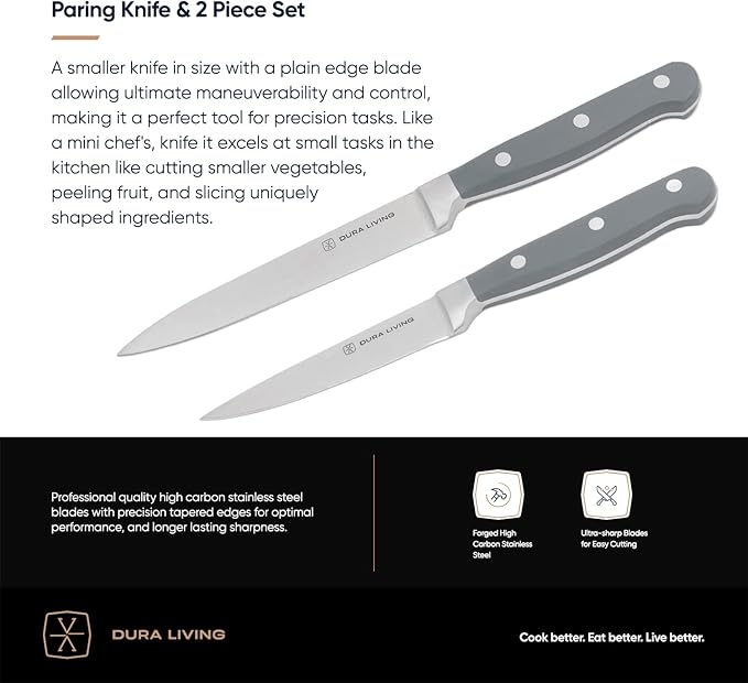 DURA LIVING 2-Piece Premium Kitchen Knife Set - Ultra-Sharp 5" Utility Knife & 3.5" Paring Knife, High Carbon Stainless Steel, Forged for Precision, Multipurpose Cooking Knives with Ergonomic Handles
