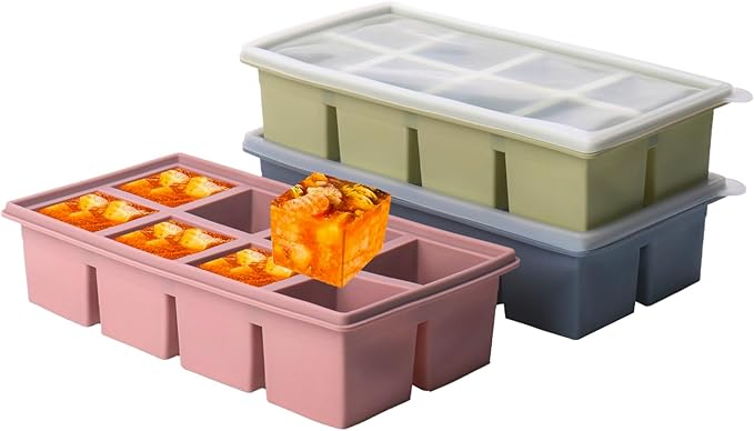 1/2 Cup Silicone Freezer Tray With Lid,Silicone Freezer Molds 3-Pack For meal prep & freezing of various sauces and other dishes, makes 24 perfect 1/2 cup portions cubes (Multicolor 3 Pack)