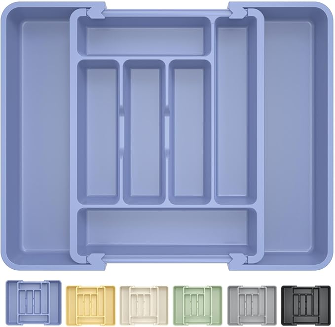 Caperci Large Silverware Organizer for Kitchen Drawer & Utensils - Expandable Drawer Organizer for Cutlery, Flatware & Gadget, BPA-Free Thick Plastic, Wider Compartments & Non-skid Feet (Breezy Blue)