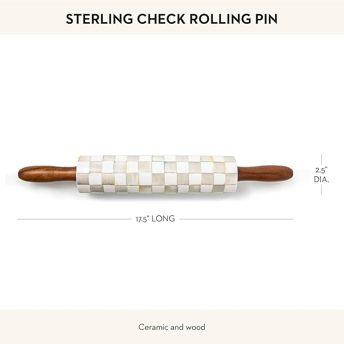 MACKENZIE-CHILDS Rolling Pin, Decorative Roller Pin for Baking, Cute Baking Supplies, Gray-and-White Sterling Check